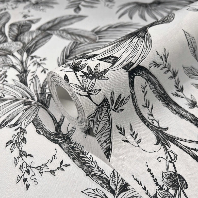 Vliestapete mit Pflanzen im Dschungel-Style weiß, schwarz Floral 