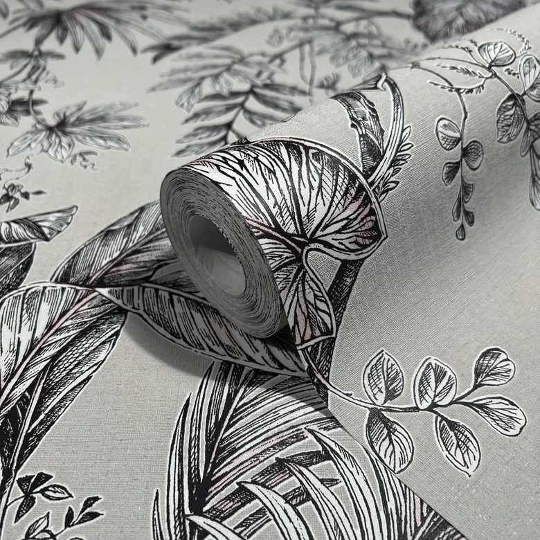 Vliestapete mit Pflanzen im Dschungel-Style beige, schwarz Floral 