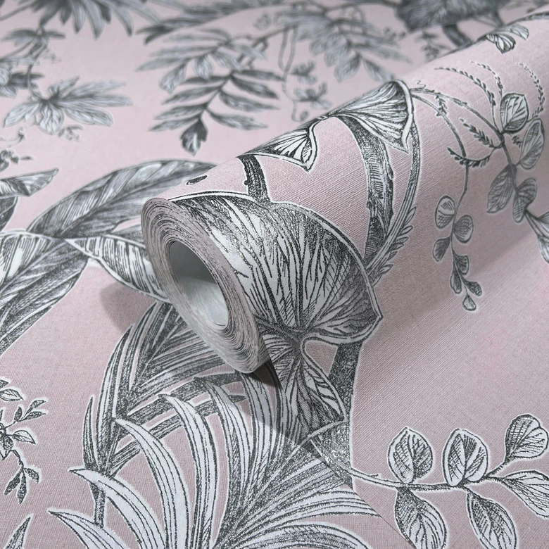 Vliestapete mit Pflanzen im Dschungel-Style rosa, silber Floral 