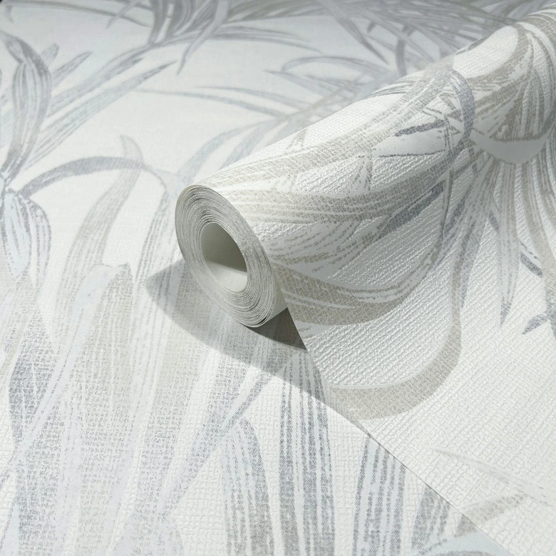 Vliestapete mit Blattmotiv auf Strukturbasis weiß, beige Floral 