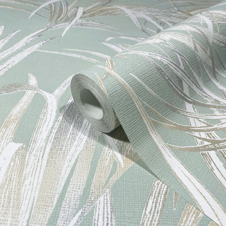 Vliestapete mit Blattmotiv auf Strukturbasis grün, beige Floral 