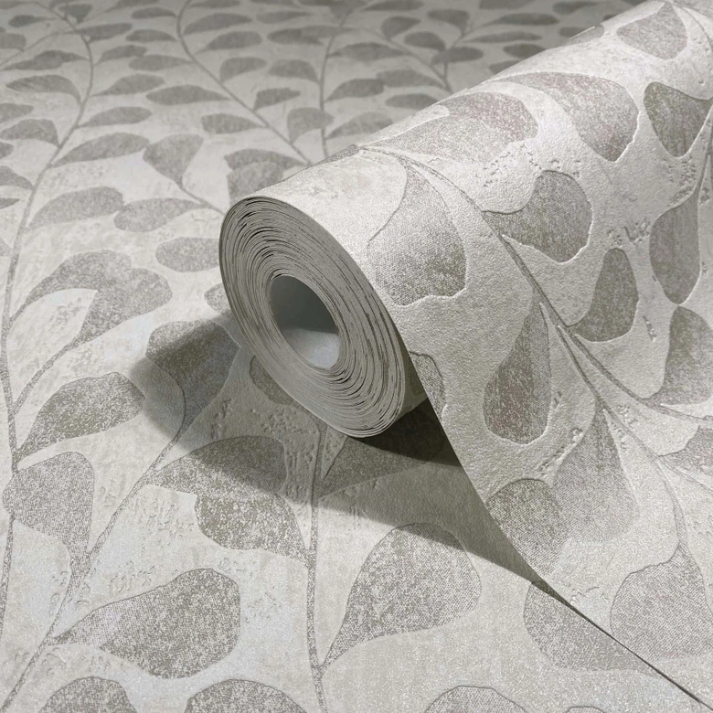 Vliestapete Blätter, Beton Floral Natur in Grau 