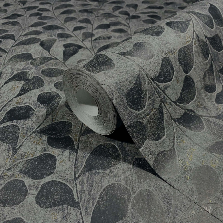 Vliestapete Blätter, Beton Floral Natur in Grau 