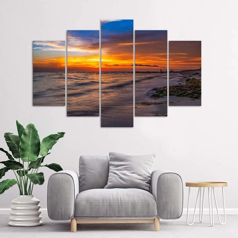 Leinwandbild 5 teilig, Meer bei Sonnenuntergang 