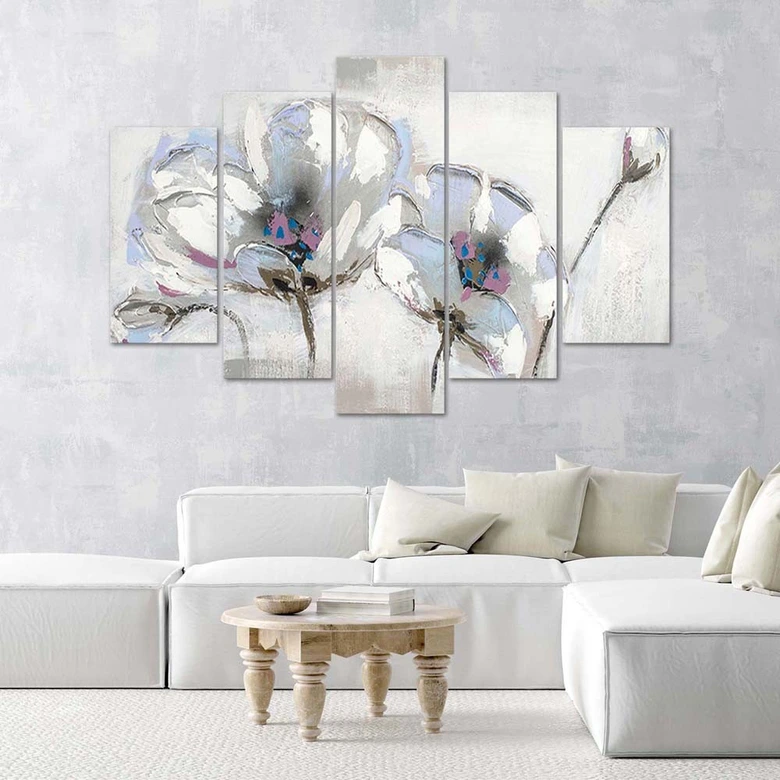 Wandbild 5-teilig, Gemalte Blumen Weiß 