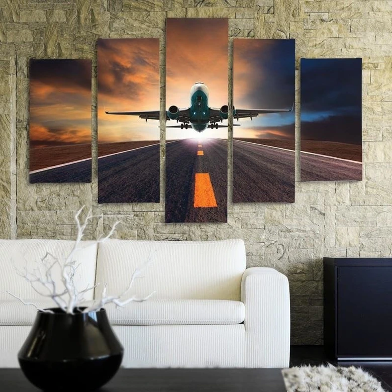 Leinwandbild 5 teilig, Sonnenuntergang Flugzeug 