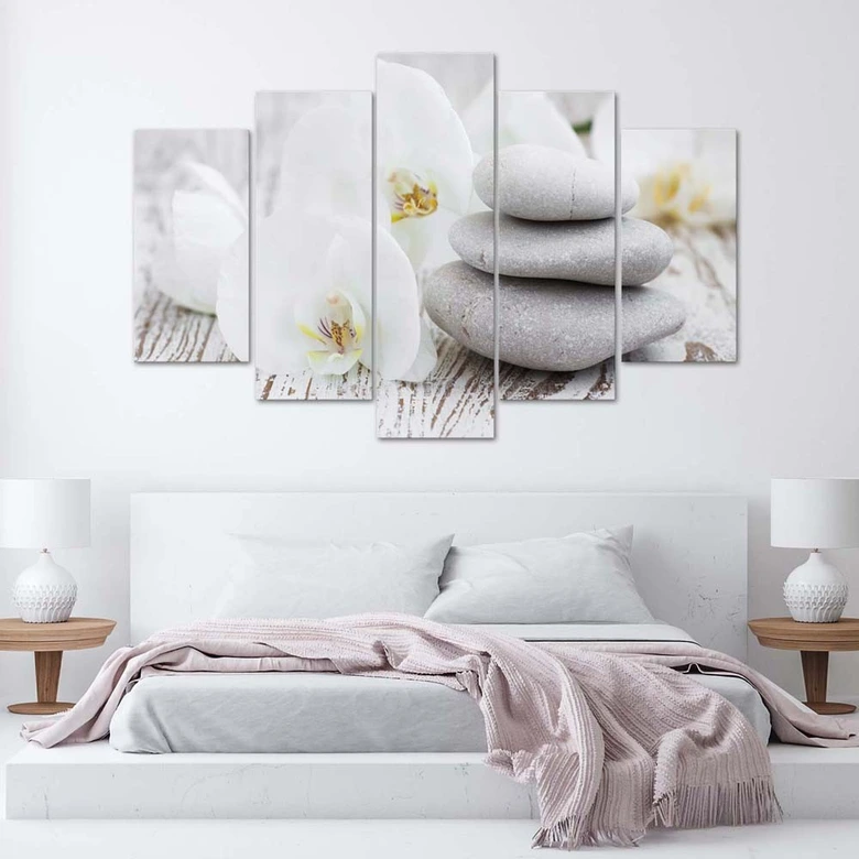 Leinwandbild 5 teilig, Orchideen-Zen-Spa-Steine 