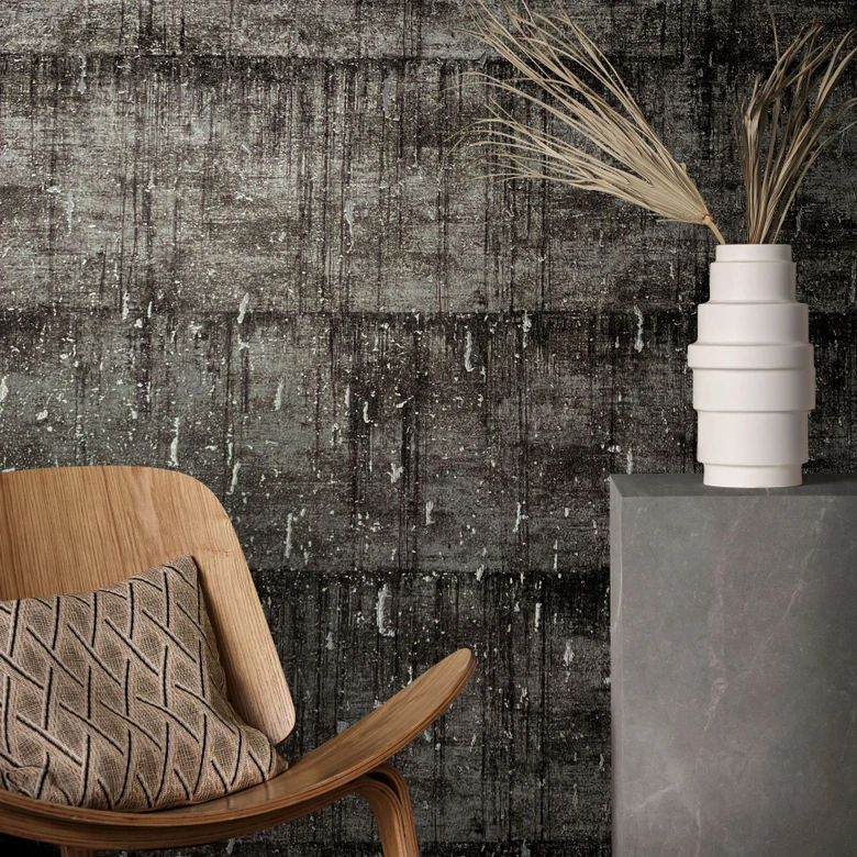 Vliestapete mit glänzender Betonoptik schwarz, grau Struktur 