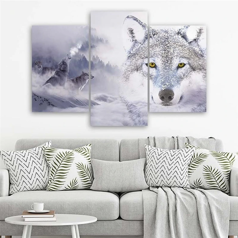 Leinwandbild 3-teilig, Grauer Wolf Nebelwald Berge 
