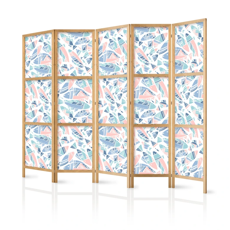 Japanischer Paravent, Raumteiler freistehend, Trennwand - Fish in Aztec Style in Pastel Color Shade 