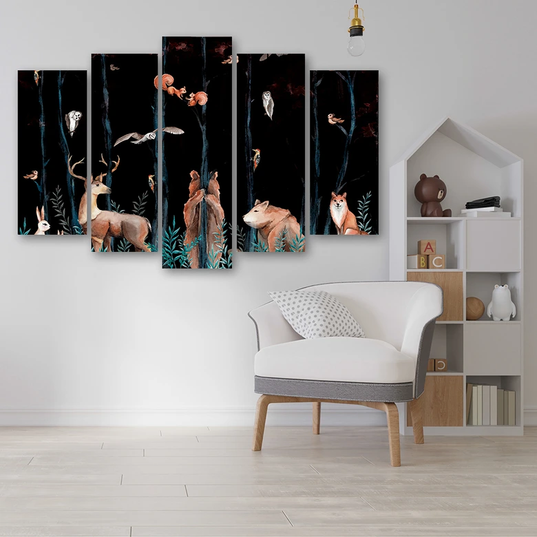 Leinwandbild 5 teilig, Waldtiere Hirschbär Fuchs 
