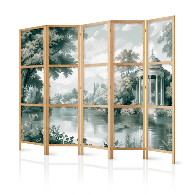 Japanischer Paravent, Raumteiler freistehend, Trennwand - Retro Vintage Landscape in Greens 
