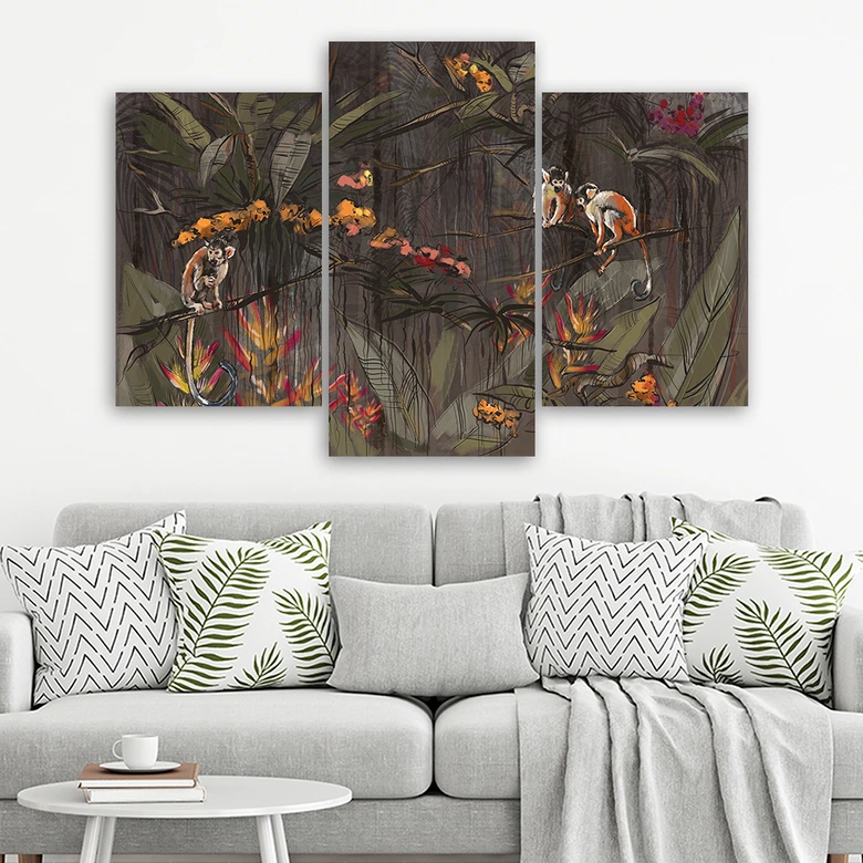 3-delige canvas print, Apen in de jungle 