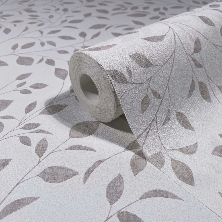 Vliestapete Blätter Floral Natur matt in Weiß Grau 