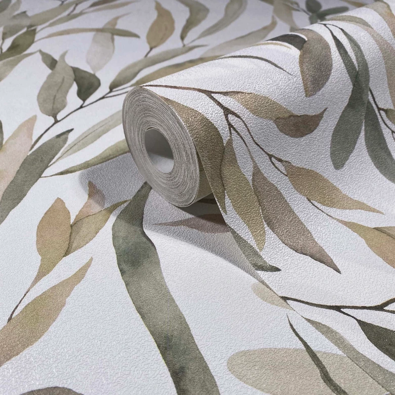 Vliestapete Blätter Floral Natur matt in Weiß Grau Beige 