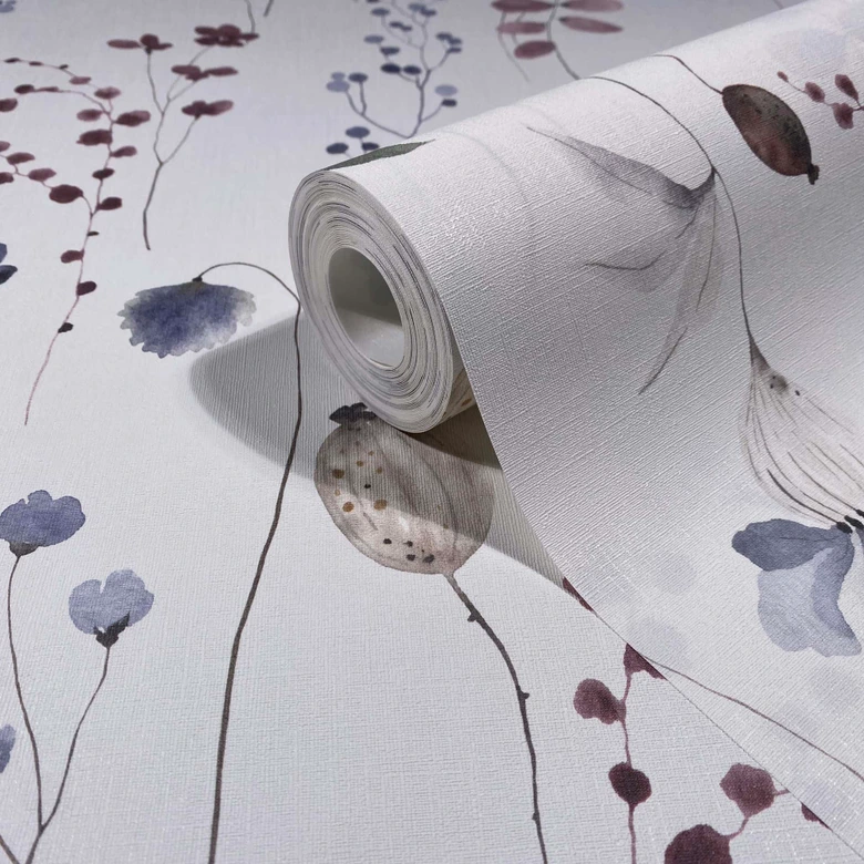 Vliestapete Blätter, Äste Floral Natur matt in Weiß Grün Blau 