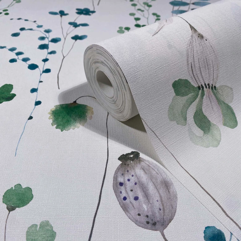 Tapeta z włókniny liście, gałęzie kwiatowa natura matowa w kolorze białym zielonym 