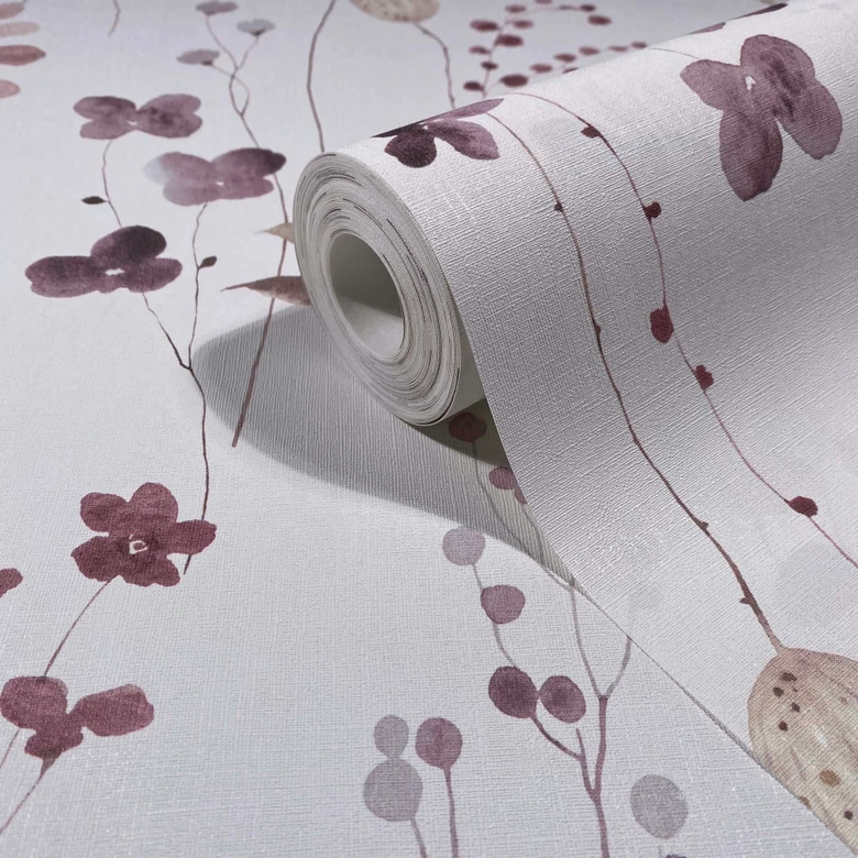 Non-woven wallpaper leaves, branches floral nature matt in white red 