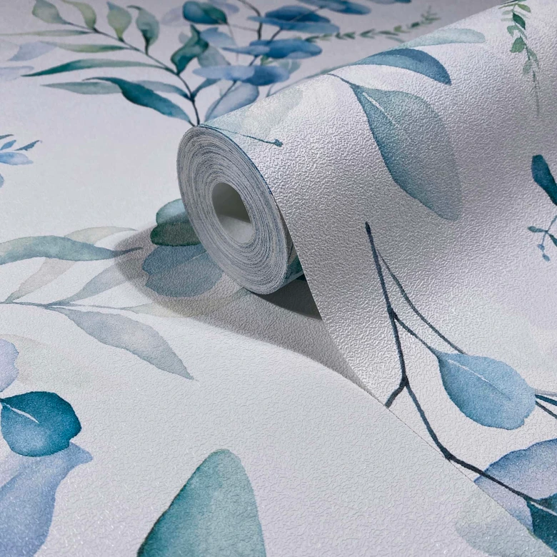 Vliesbehang bladeren, takken bloem natuur mat in wit blauw 