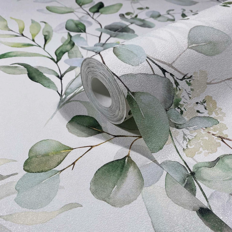 Vliestapete Blätter, Äste Floral Natur matt in Weiß Grün 