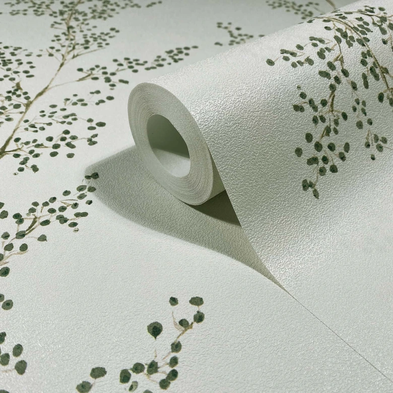 Vliestapete Blätter, Äste Floral Natur matt in Grau Grün 