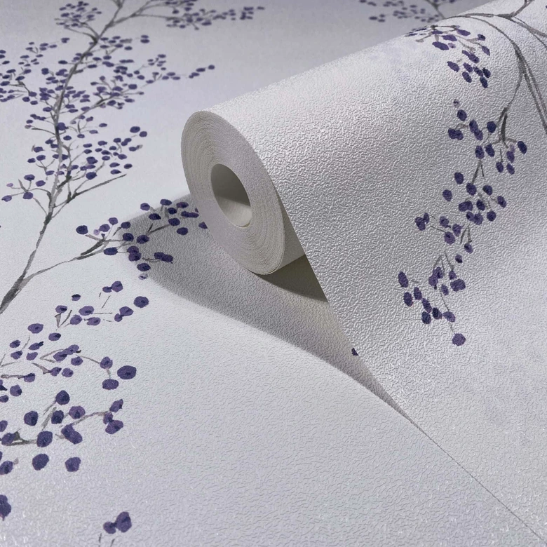 Vliestapete Blätter, Äste Floral Natur matt in Weiß Lila 