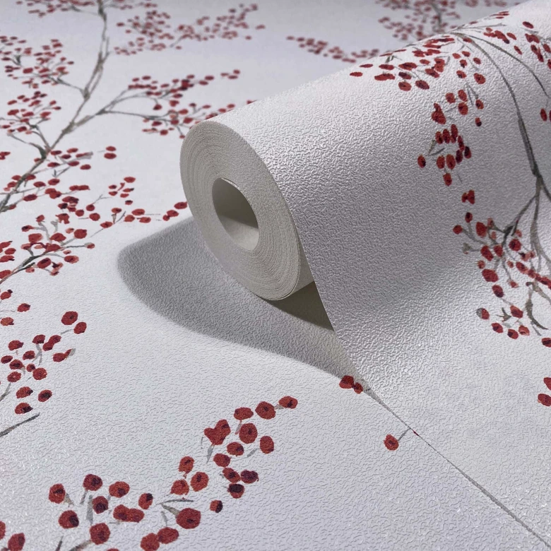 Ikke-vævet tapet blade, grene blomstret natur mat i hvid rød 