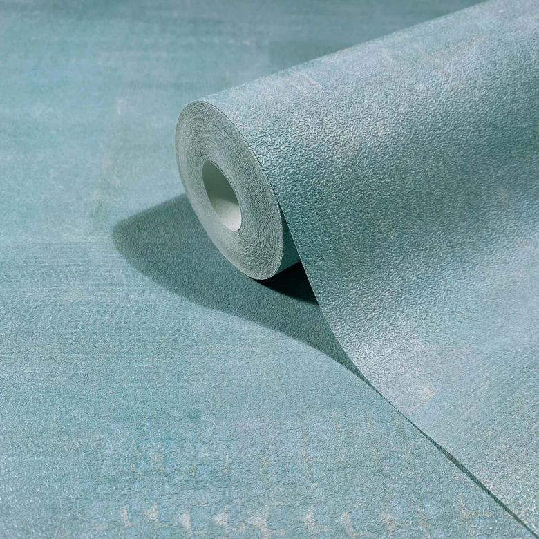 Non-woven wallpaper plaster look, concrete look plain geometric matt in blue 