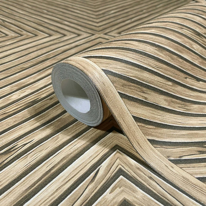 Non-woven wallpaper wood, geometric wood look geometric, country house matt in beige 