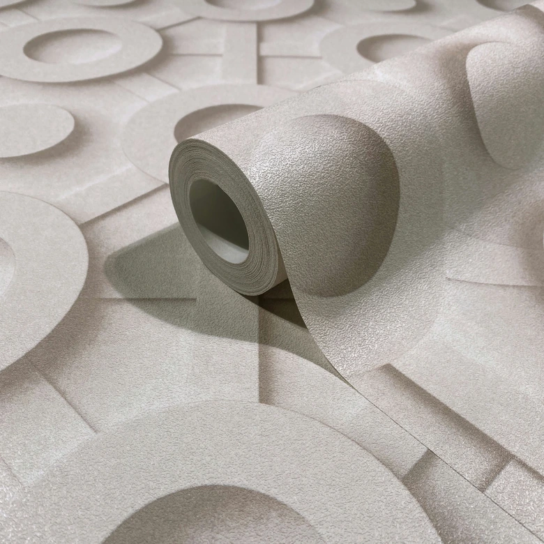 Papel pintado no tejido gráfico 3D aspecto moderno, círculos mate en blanco grisáceo 