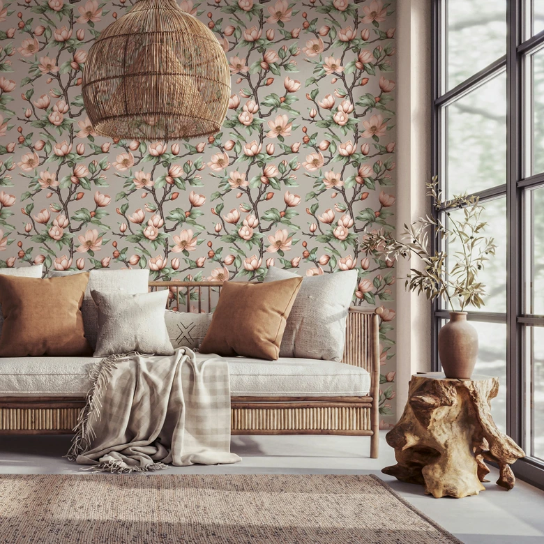 Vliestapete Äste, Blumen Floral Natur matt in Grau Braun Grün 