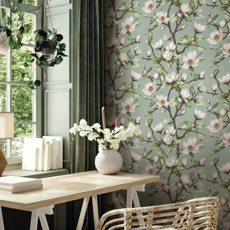 Vliestapete Äste, Blumen Floral Natur matt in Grün Weiß 