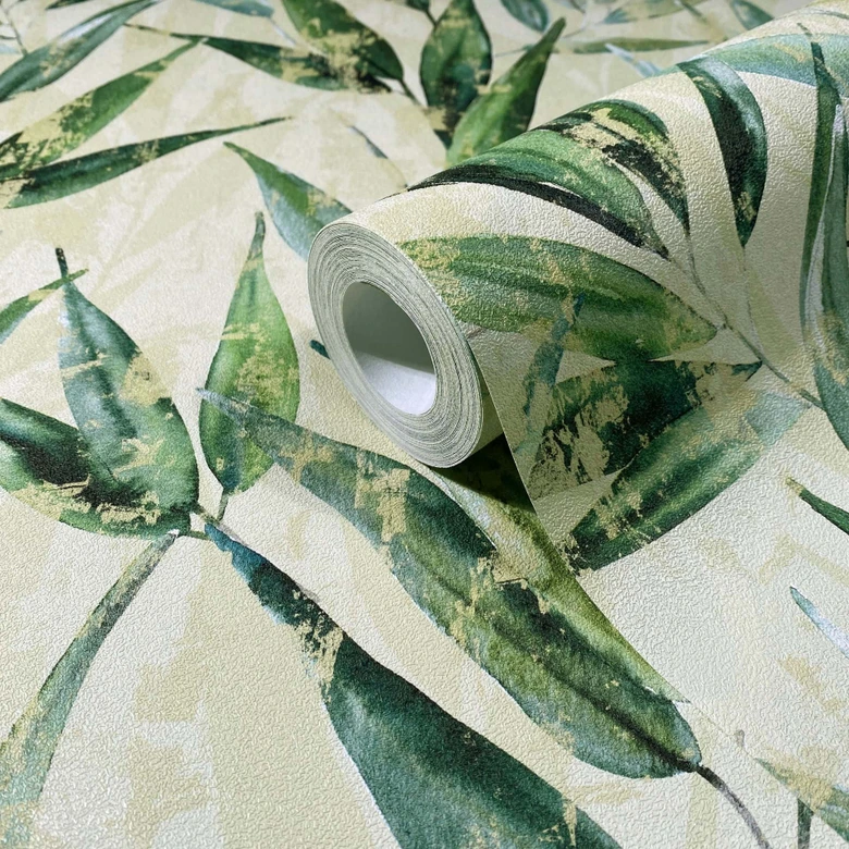 Icke-vävd tapet löv blommig natur matt i gult 