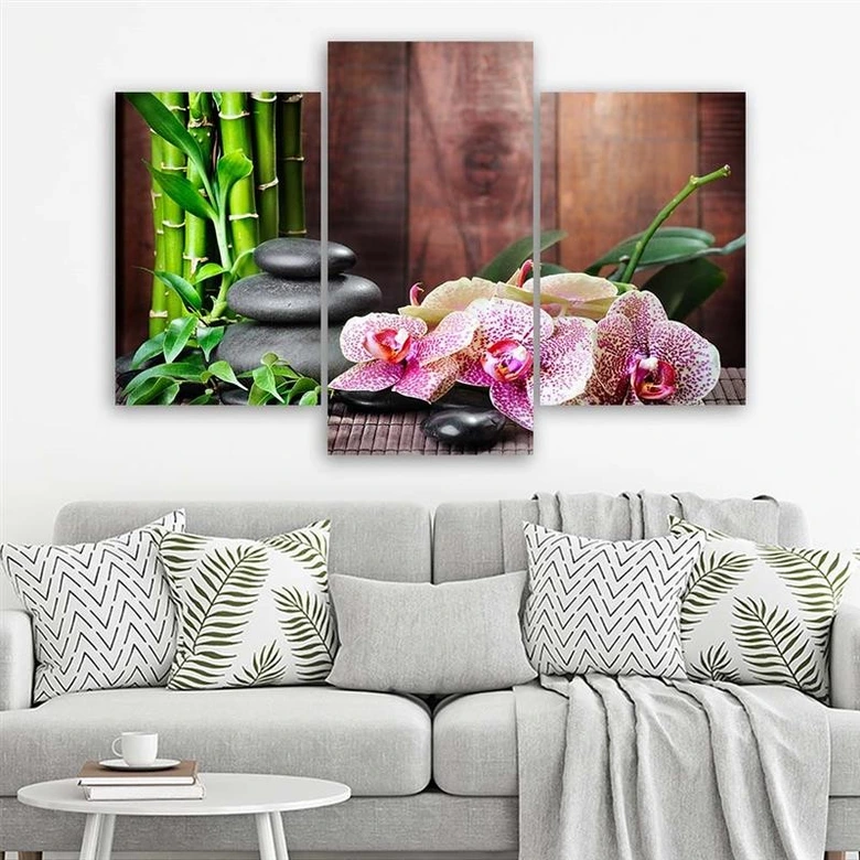 Leinwandbild 3-teilig, Orchideen Bambus Steine Zen 