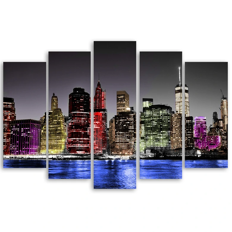 Leinwandbild 5 teilig, Architektur New York Nacht 