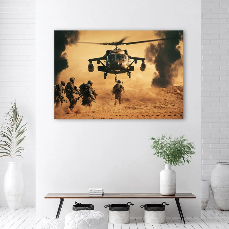 Leinwandbild, Hubschrauber und Soldaten 