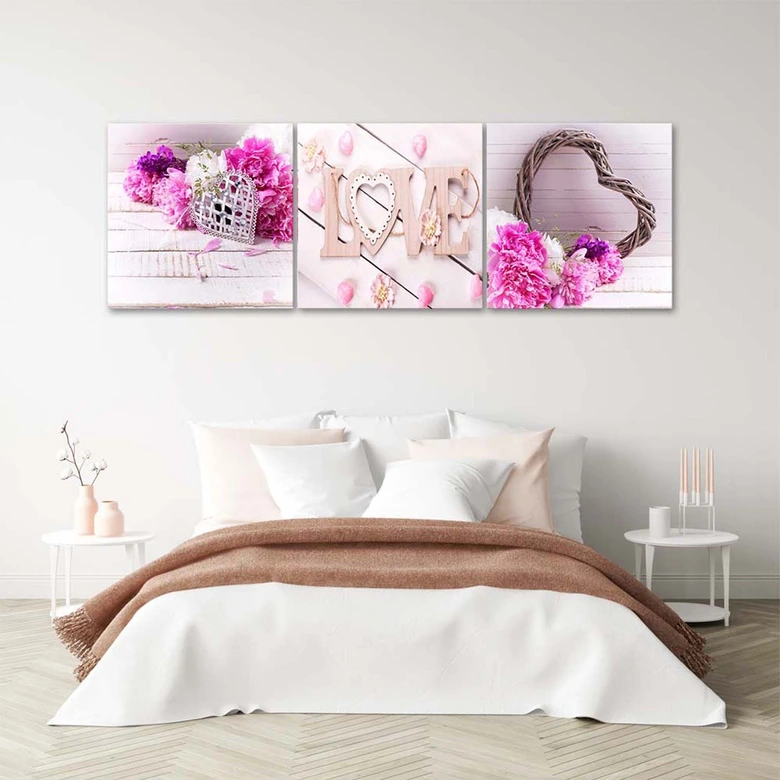 Leinwandbild 3-teilig, Rosa Blume LOVE Inschrift 