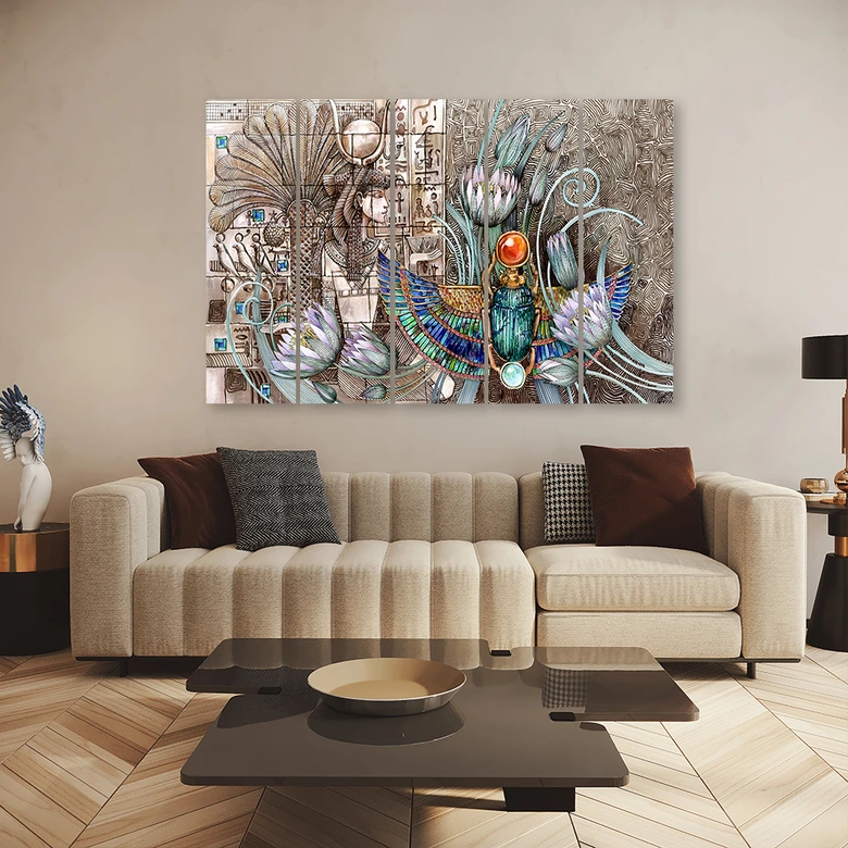 Leinwandbild 5 teilig, Ägyptische Hieroglyphen und Skarabäen 