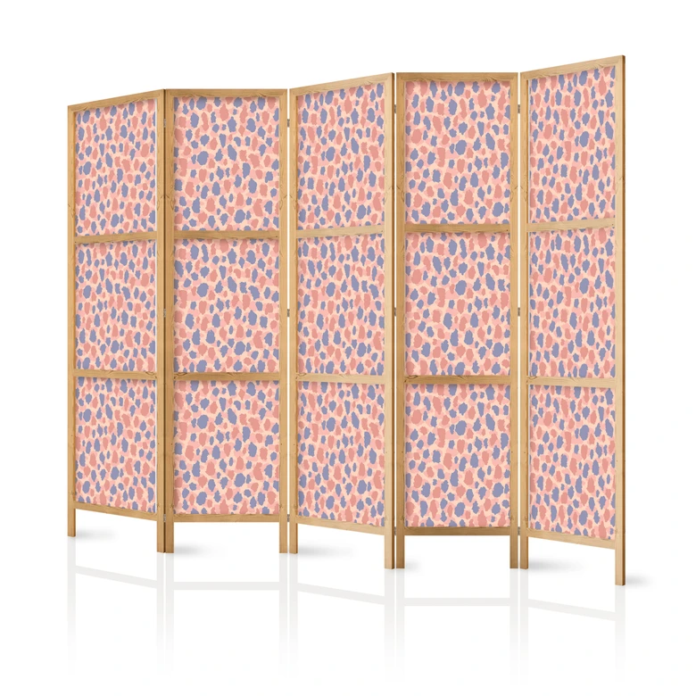 Japanischer Paravent, Raumteiler freistehend, Trennwand - Giraffe Pattern in Blue-Pink Spots 