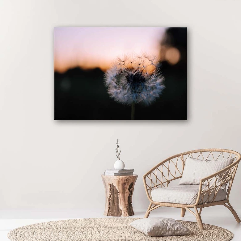 Leinwandbild, Pusteblume und Sonnenuntergang 