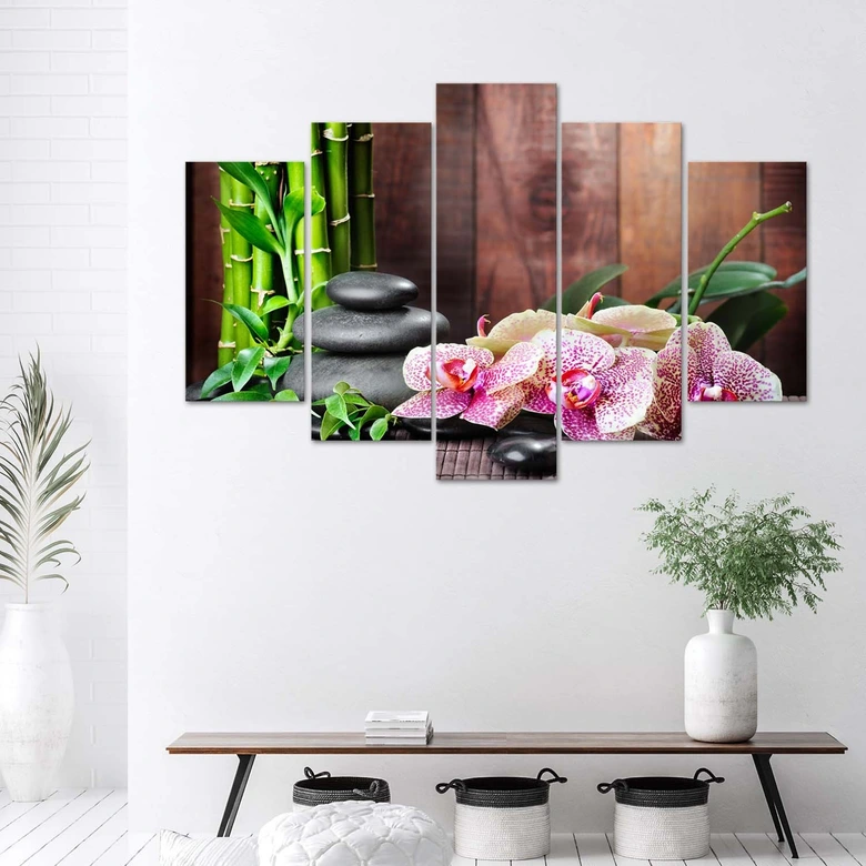 Leinwandbild 5 teilig, Orchidee-Steine-Bambus 
