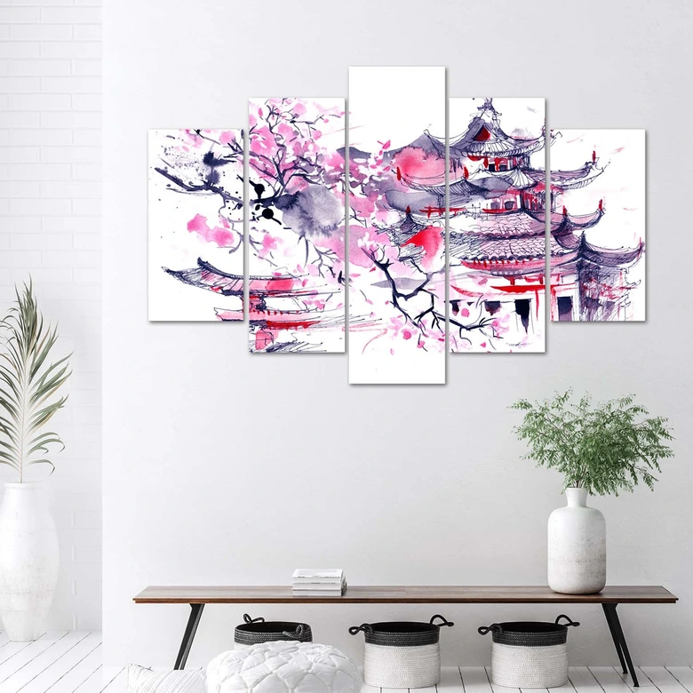 Leinwandbild 5 teilig, Japanische rosa Landschaft 