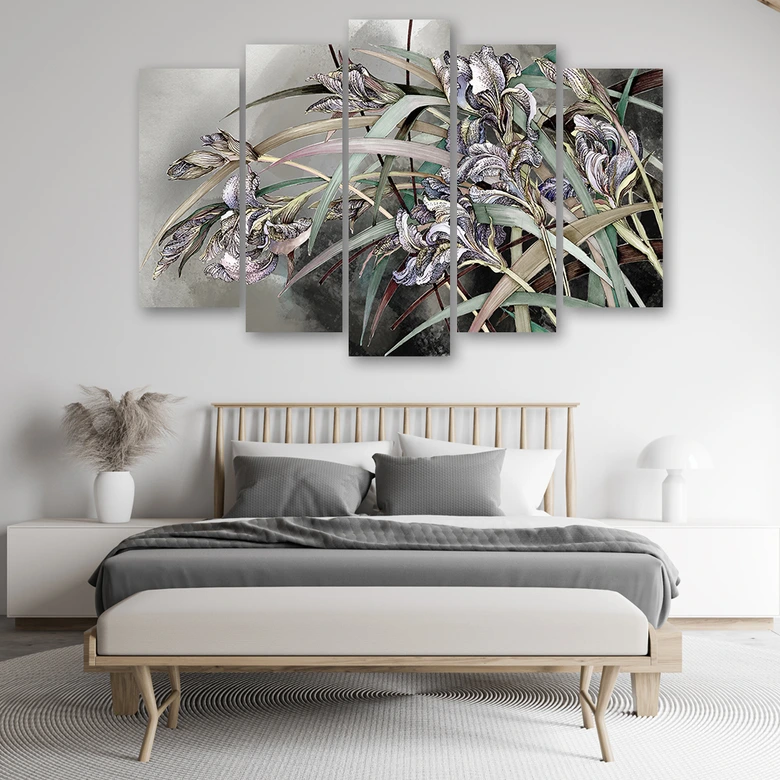 Leinwandbild 5 teilig, Iris Blumen im Wind 