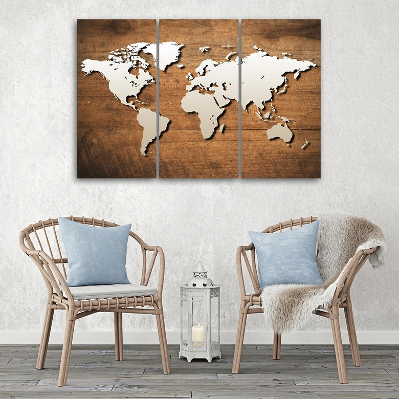Leinwandbild 3-teilig, Vintage Weltkarte Braun 