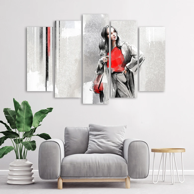 5-delige canvasprint, een vrouw in een jas 