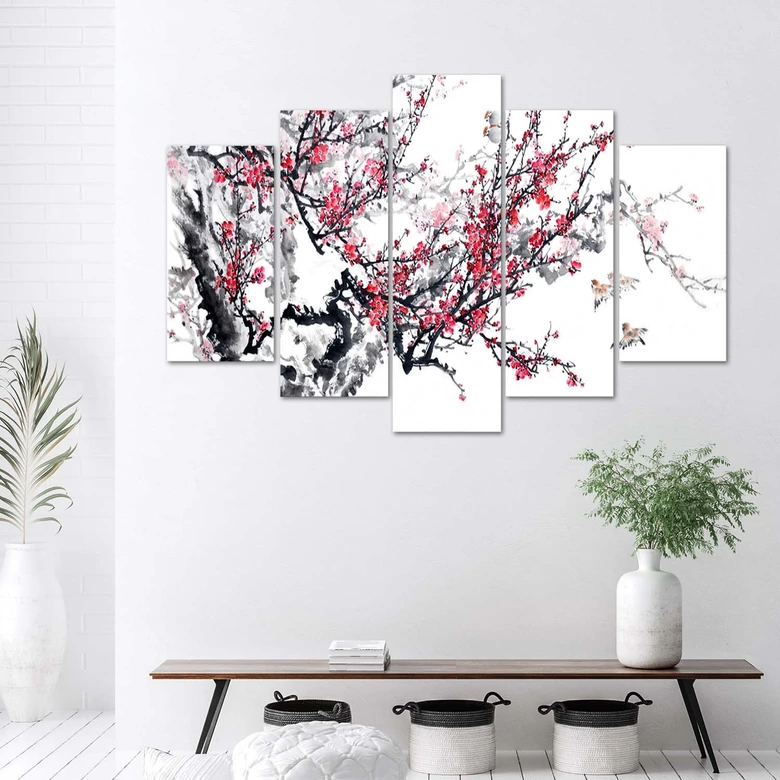 5 stykke lærredstryk, japansk kirsebærblomst 
