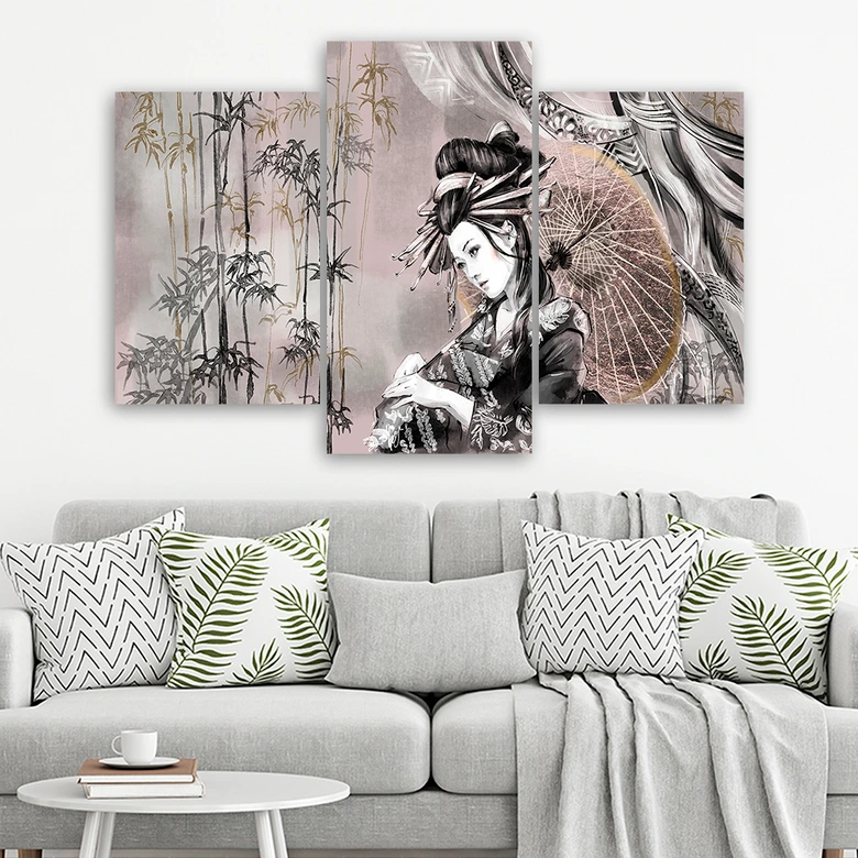 Leinwandbild 3 teilig, Geisha und Bambus 