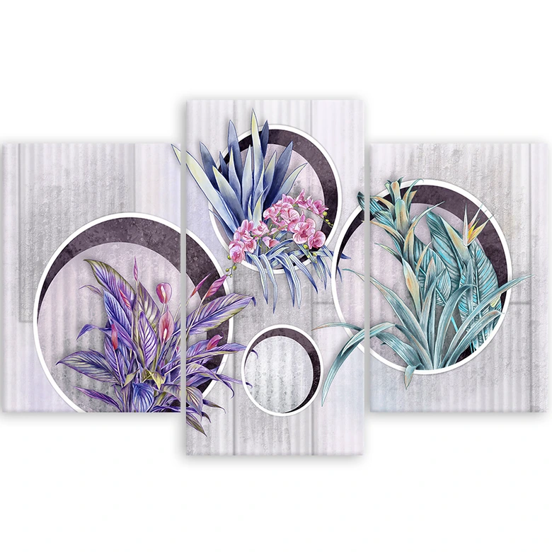 3-delige canvasprint, vierkante dozen planken met bloemen 