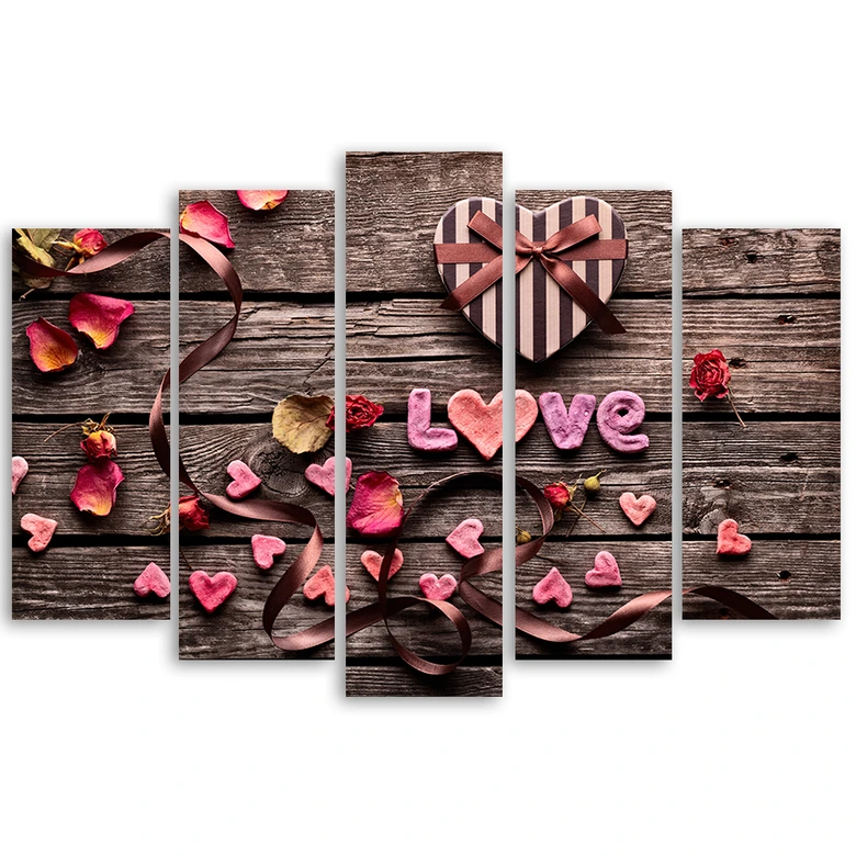 Leinwandbild 5 teilig, Herz Liebe Vintage Blumen 