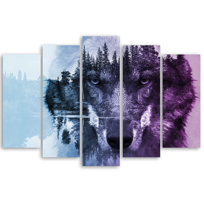 Leinwandbild 5 teilig, Wolf Tiere Wald Violett 